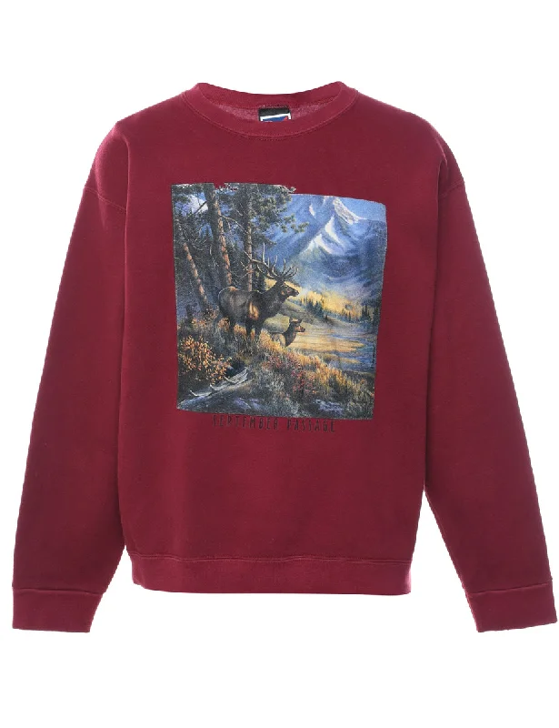 Deer Design Maroon Landscape Sweatshirt - L