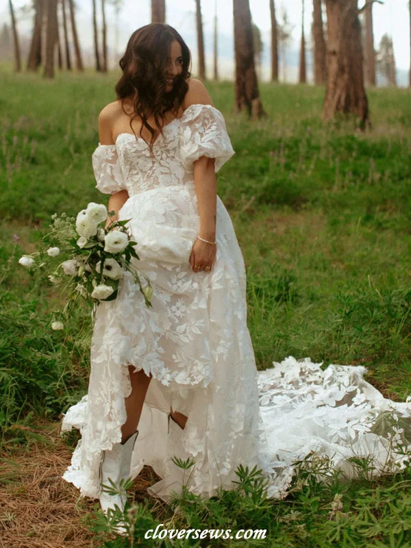 Off White Fully Lace Off The Shoulder Sweetheart A-line Mountain Wedding Dresses, CW0404