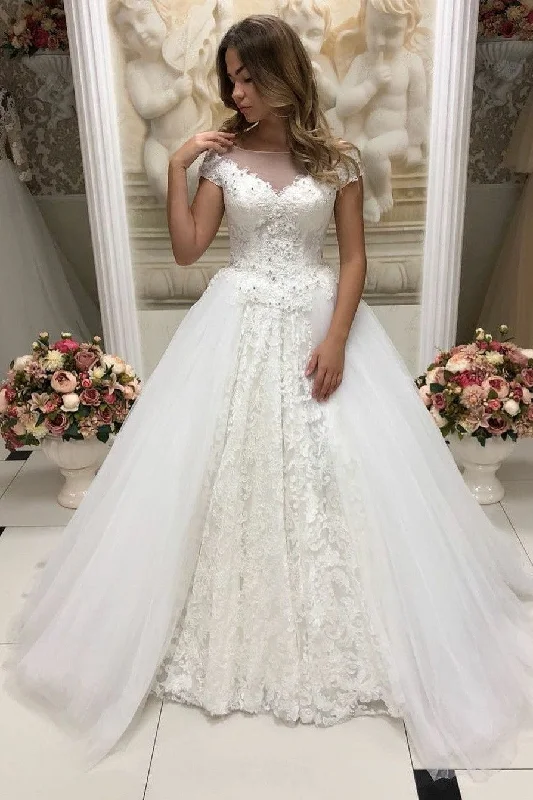 See-through Neckline Tulle Lace Wedding Dresses with Sleeves