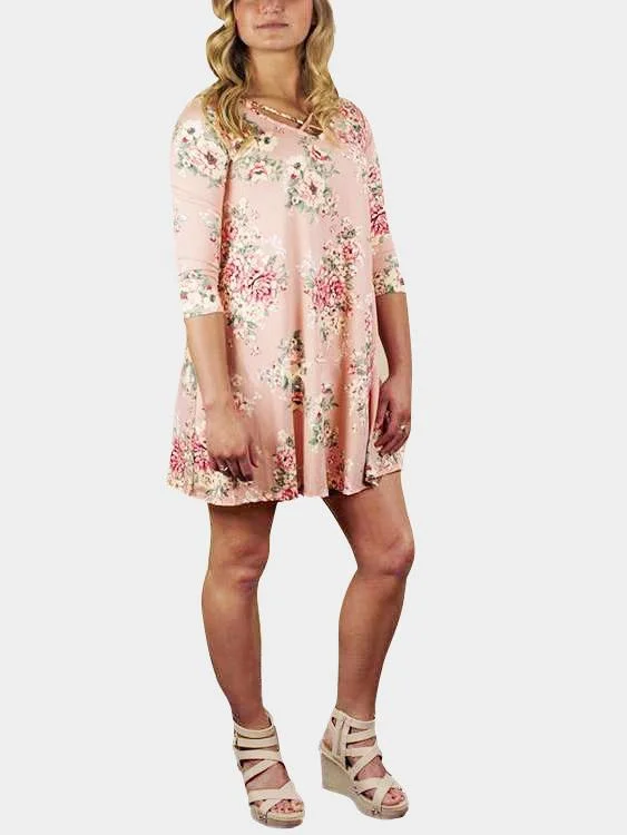 Wholesale Pink V-Neck 3/4 Sleeve Length Floral Print Crossed Front Mini Dress