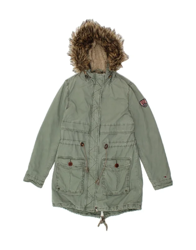 TOMMY HILFIGER Womens Hooded Parka Jacket UK 10 Small Green Cotton