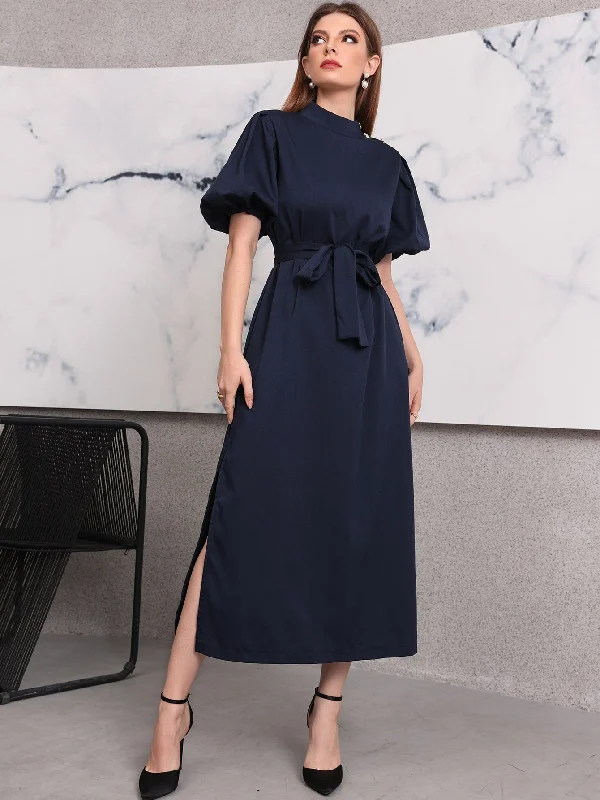 Plain Split Short Sleeve Stand Collar Slit High Waist Maxi Dress