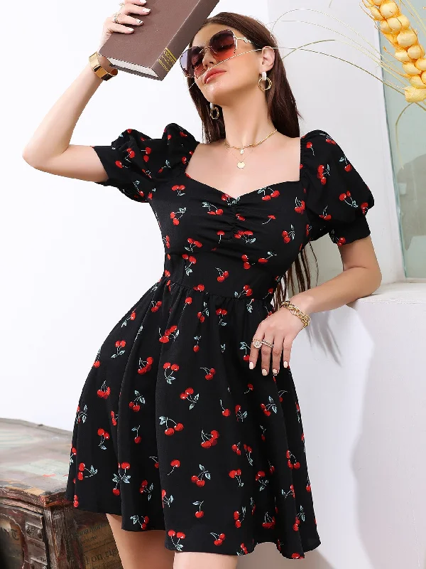 Fruit&Vegetable Ruched Short Sleeve Sweetheart Flared High Waist Short Dress