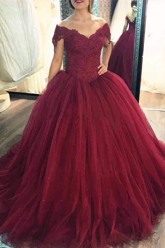 Lace Corset Tulle Burgundy Ball Gown Prom Dresses Off-the-shoulder