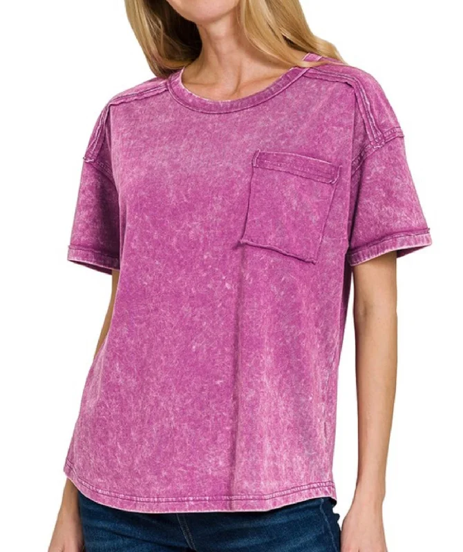 Acid Wash Pocket Tee Plum Edgy Women's Punk