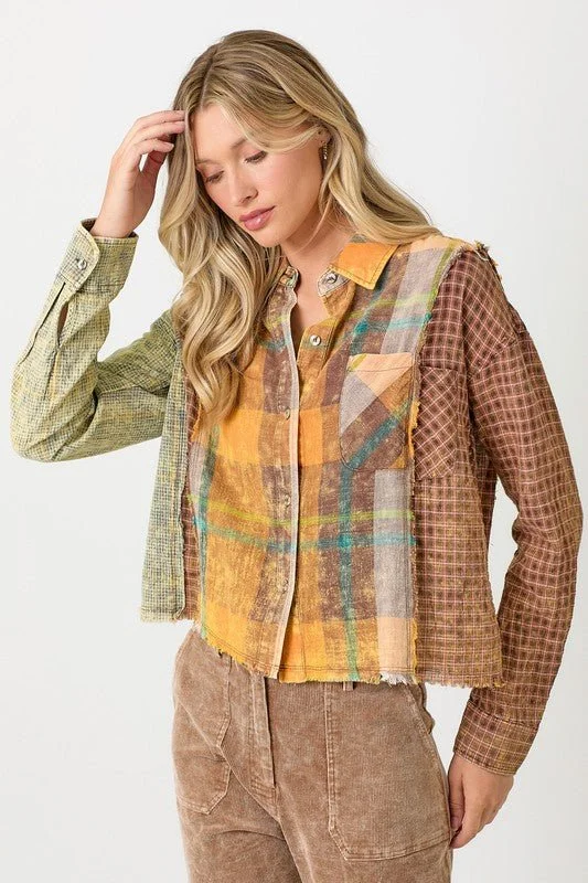 Plaid Mix Print Raw Edge Button Up Rugged Women's Outdoor 