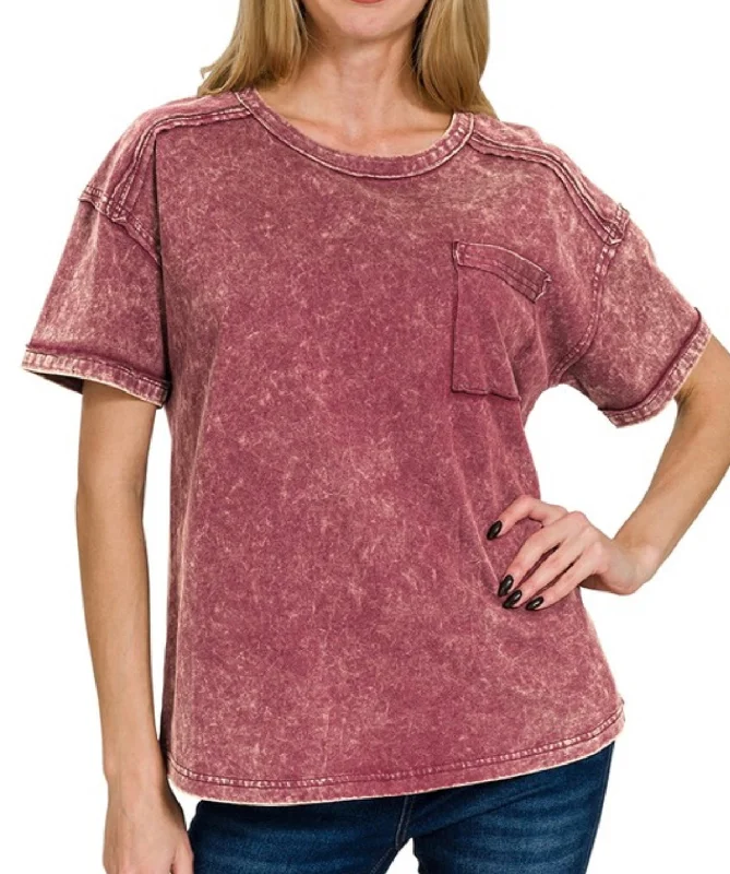 Acid Wash Pocket Tee Cabernet Red Minimalist Women's Casual