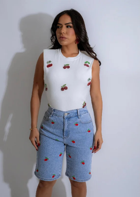 Berry Sweet Cherry Rhinestone Crop Top White European